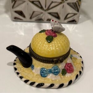 Trinket Jewelry Box. Whimsical Yellow Hat Shaped Teapot with Floral Accents.